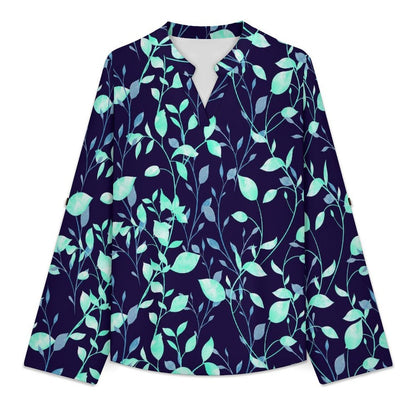 Stand-up Collar Long-sleeved Shirt Flower  Customization Women’s V-Neck Blouses,long Sleeve,Roll-Up Sleeve Shirt