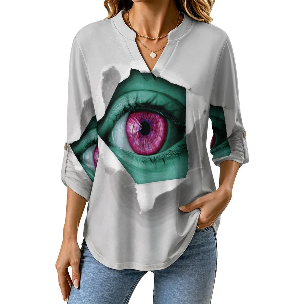 Stand-up Collar Long-sleeved Shirt Green Eyes  Customization Women’s V-Neck Blouses,long Sleeve,Roll-Up Sleeve Shirt