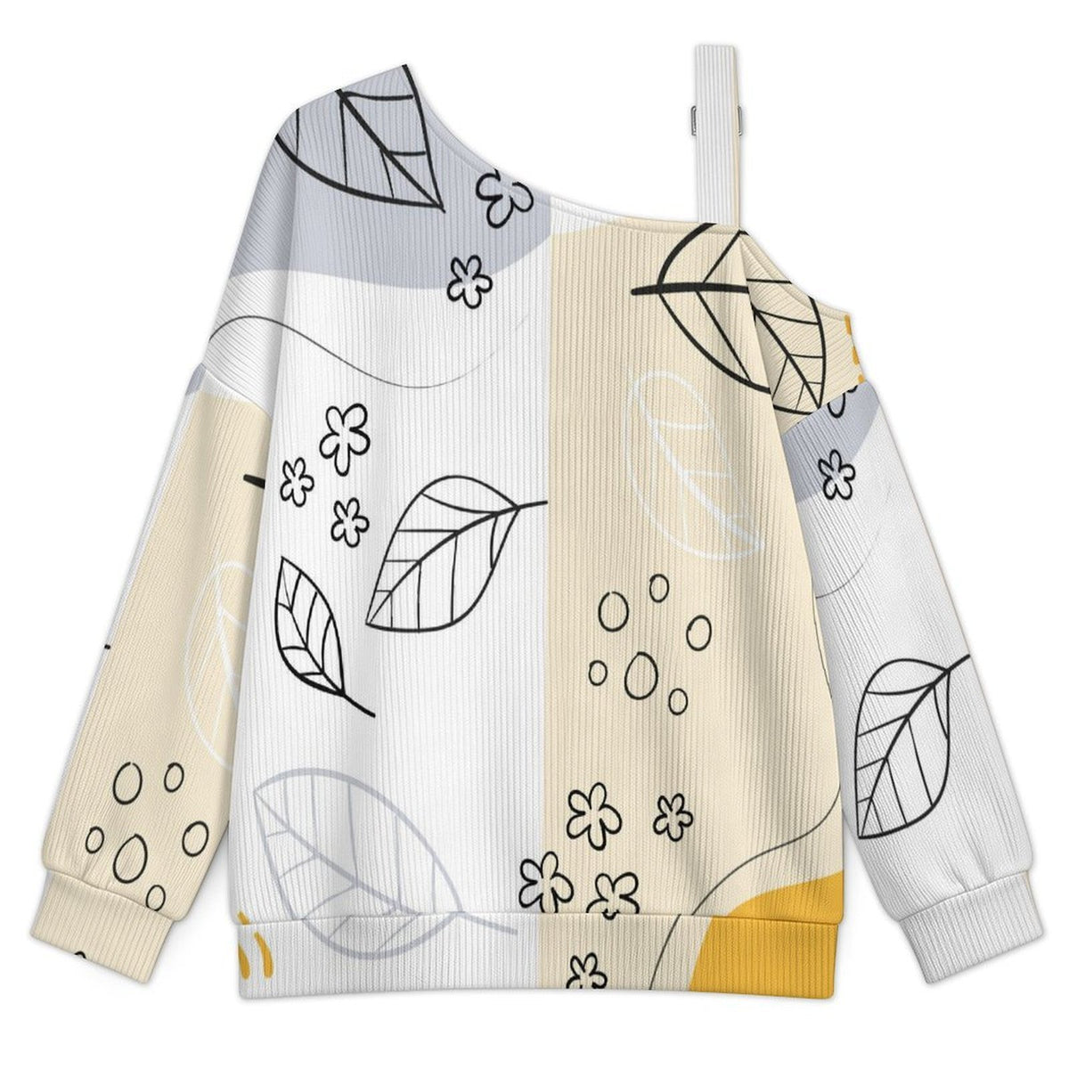 Off-the-shoulder Sweater Line Design, Flowers  Asymmetric Cold Shoulder Knit Sweater for Women, Adjustable Buckle Strap Long Sleeve Casual Slouchy Pullover