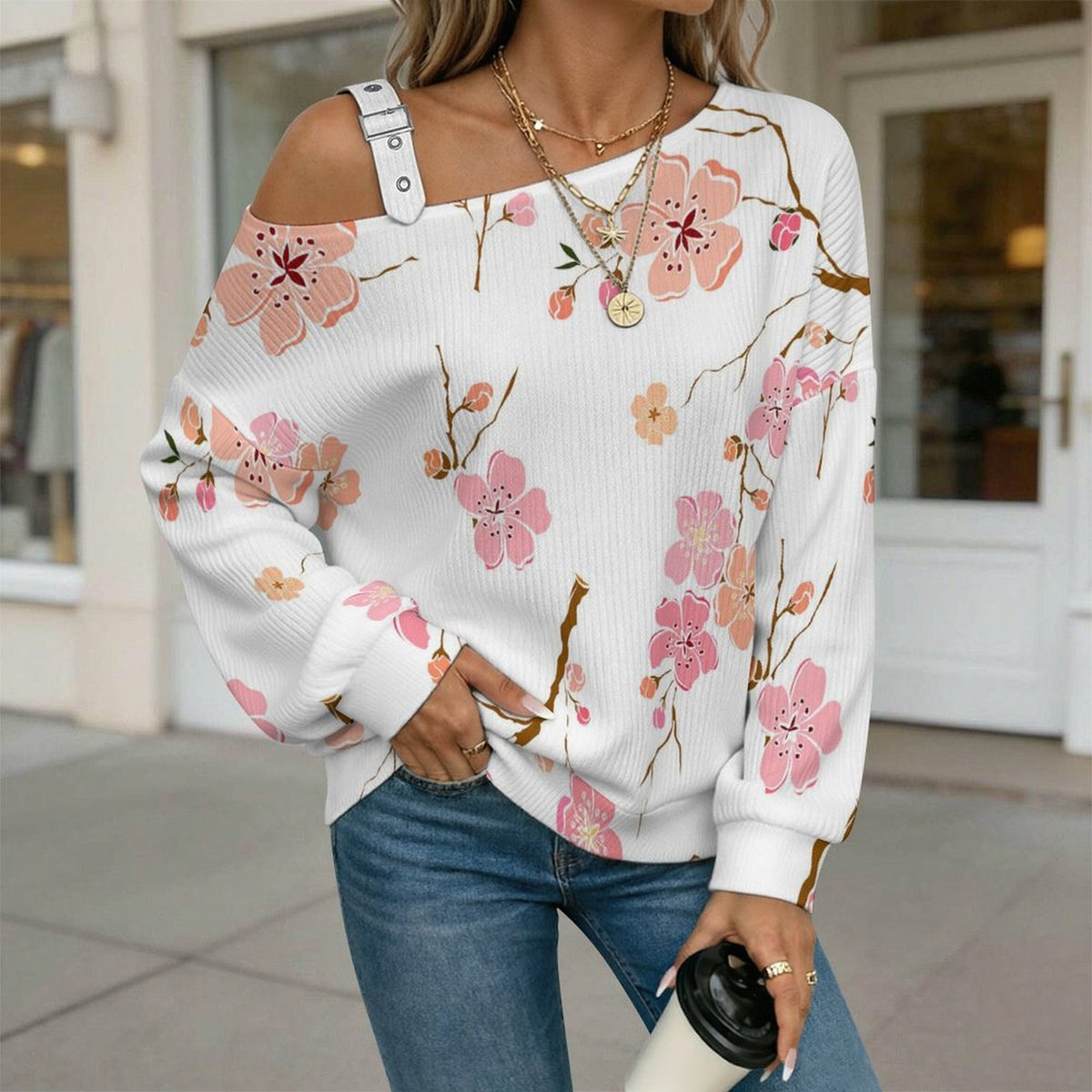 Off-the-shoulder Sweater Flowers  Asymmetric Cold Shoulder Knit Sweater for Women, Adjustable Buckle Strap Long Sleeve Casual Slouchy Pullover