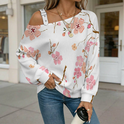 Off-the-shoulder Sweater Flowers  Asymmetric Cold Shoulder Knit Sweater for Women, Adjustable Buckle Strap Long Sleeve Casual Slouchy Pullover