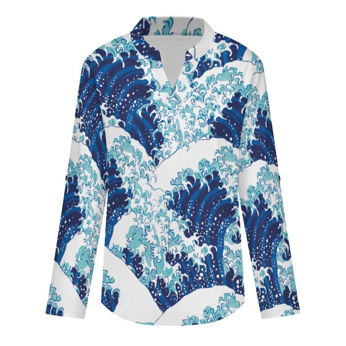 Chinese Wind, Wave  Women Curved Hem V Neck Roll Sleeve Casual Work Top