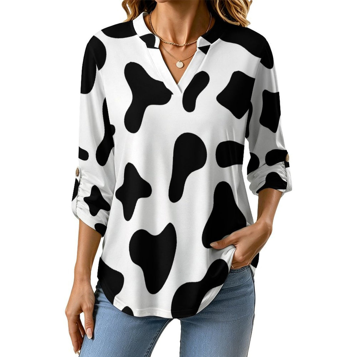 Stand-up Collar Long-sleeved Shirt Cow, Black And White