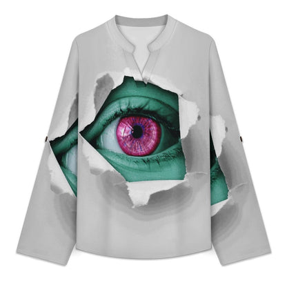 Stand-up Collar Long-sleeved Shirt Green Eyes  Customization Women’s V-Neck Blouses,long Sleeve,Roll-Up Sleeve Shirt