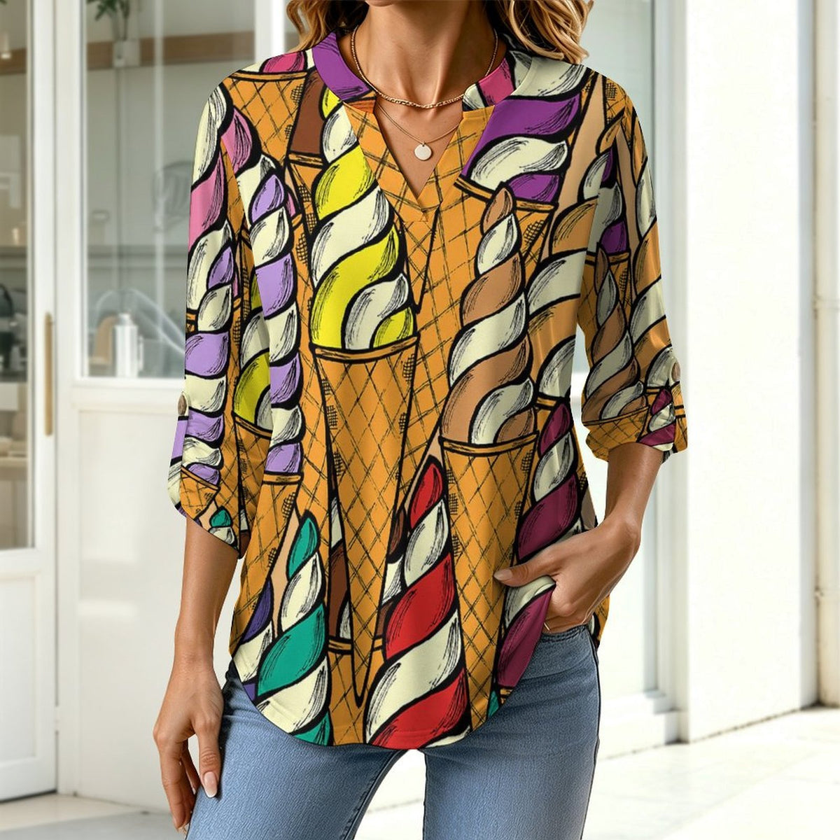Stand-up Collar Long-sleeved Shirt Colorful Ice Cream Pattern white SWomen’s V-Neck Blouses
