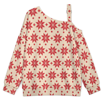 Off-the-shoulder Sweater Christmas - Repeat - Pattern - Red - Light Yellow - Christmas Pattern  Asymmetric Cold Shoulder Knit Sweater for Women, Adjustable Buckle Strap Long Sleeve Casual Slouchy Pull