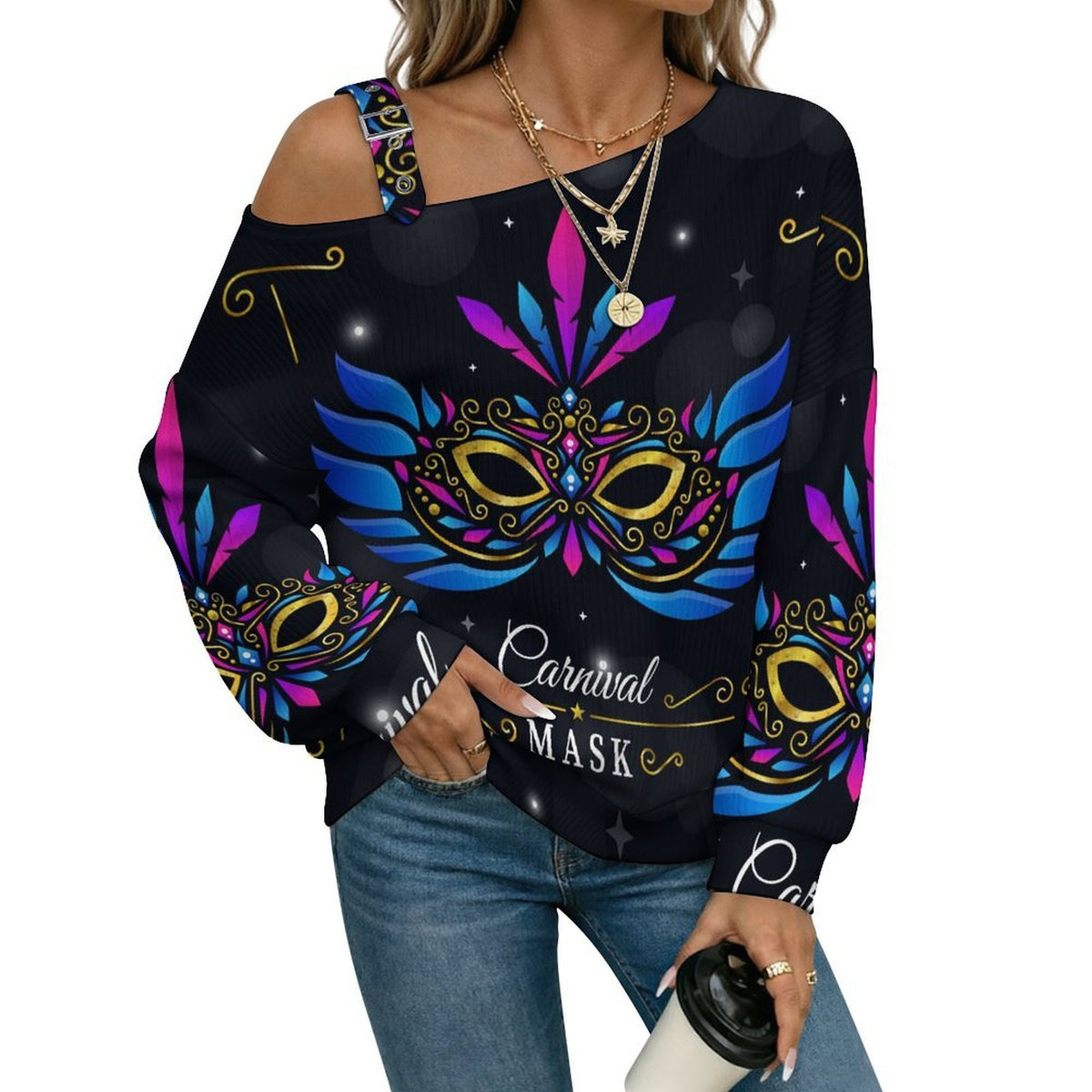 Off-the-shoulder Sweater Mask  Asymmetric Cold Shoulder Knit Sweater for Women, Adjustable Buckle Strap Long Sleeve Casual Slouchy Pullover