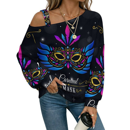 Off-the-shoulder Sweater Mask  Asymmetric Cold Shoulder Knit Sweater for Women, Adjustable Buckle Strap Long Sleeve Casual Slouchy Pullover