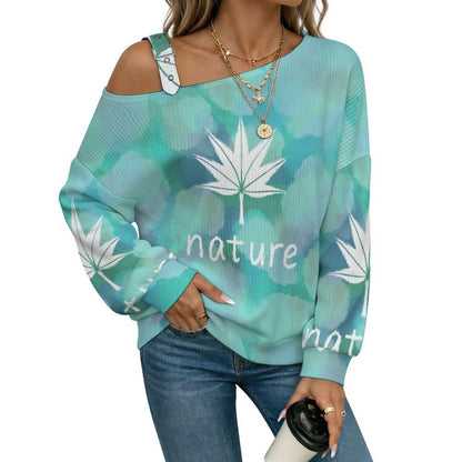 Off-the-shoulder Sweater Tie-dyed Blue Maple Leaf  Asymmetric Cold Shoulder Knit Sweater for Women, Adjustable Buckle Strap Long Sleeve Casual Slouchy Pullover