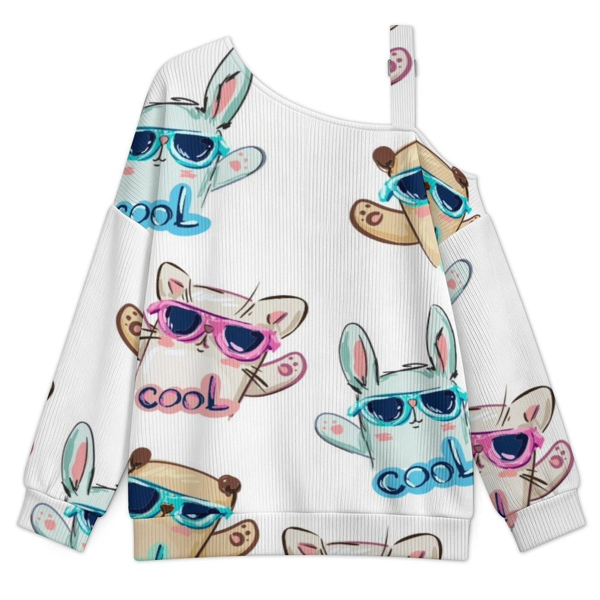 Off-the-shoulder Sweater Cartoon Animals in Glasses  Asymmetric Cold Shoulder Knit Sweater for Women, Adjustable Buckle Strap Long Sleeve Casual Slouchy Pullover