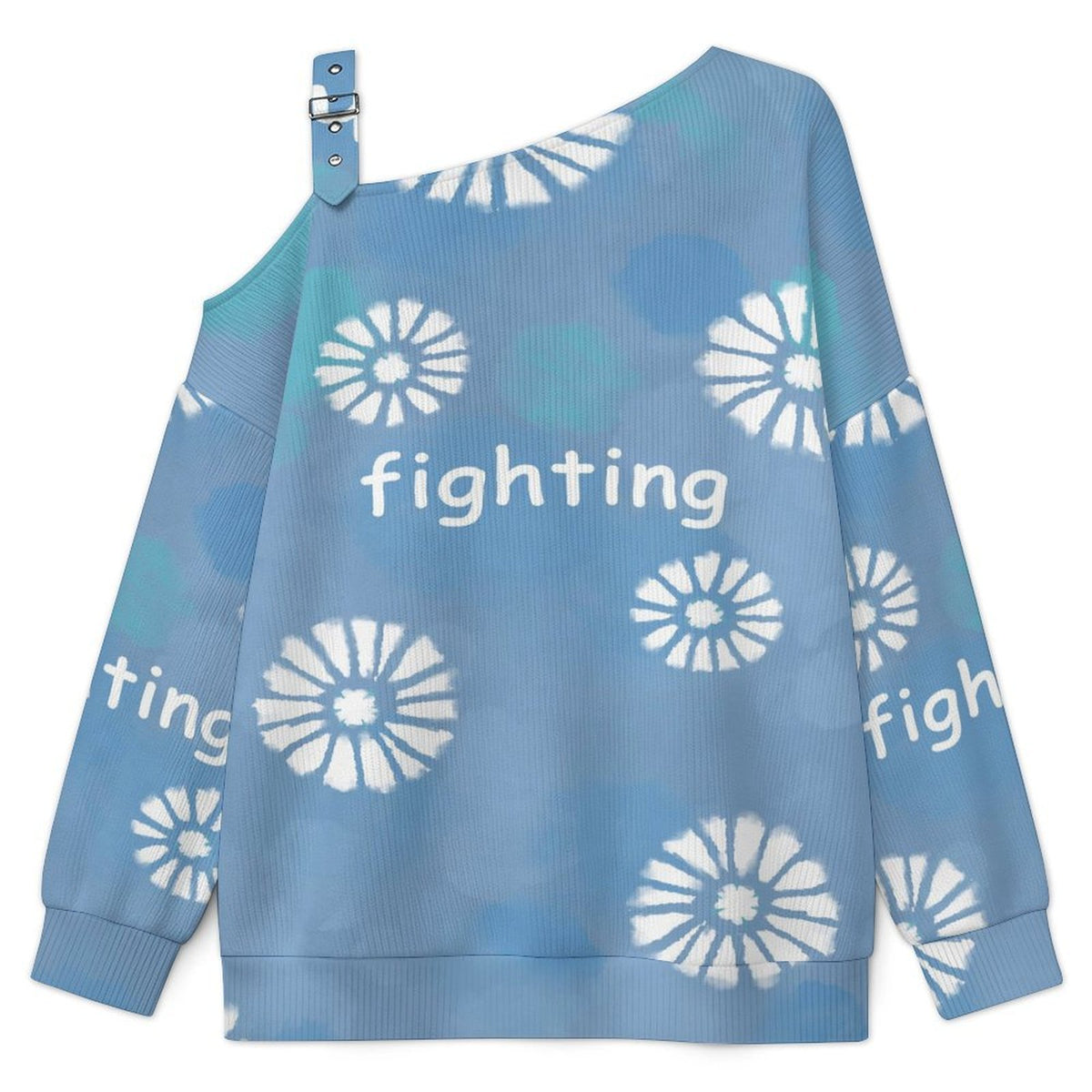 Off-the-shoulder Sweater Tie-dyed Blue Daisy  Asymmetric Cold Shoulder Knit Sweater for Women, Adjustable Buckle Strap Long Sleeve Casual Slouchy Pullover