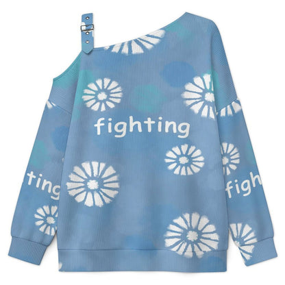 Off-the-shoulder Sweater Tie-dyed Blue Daisy  Asymmetric Cold Shoulder Knit Sweater for Women, Adjustable Buckle Strap Long Sleeve Casual Slouchy Pullover