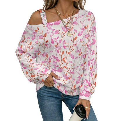 Fall Casual Asymmetric Shoulder Knit Top with Buckle Detail Flower