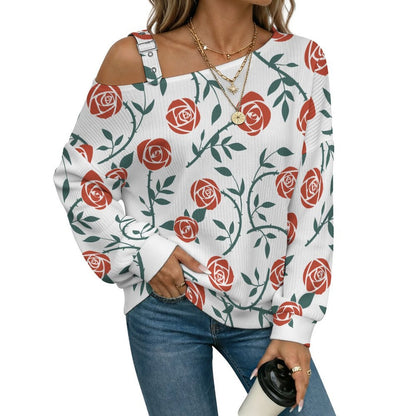 Off-the-shoulder Sweater Red Rose Tile Decorative Pattern  Asymmetric Cold Shoulder Knit Sweater for Women, Adjustable Buckle Strap Long Sleeve Casual Slouchy Pullover