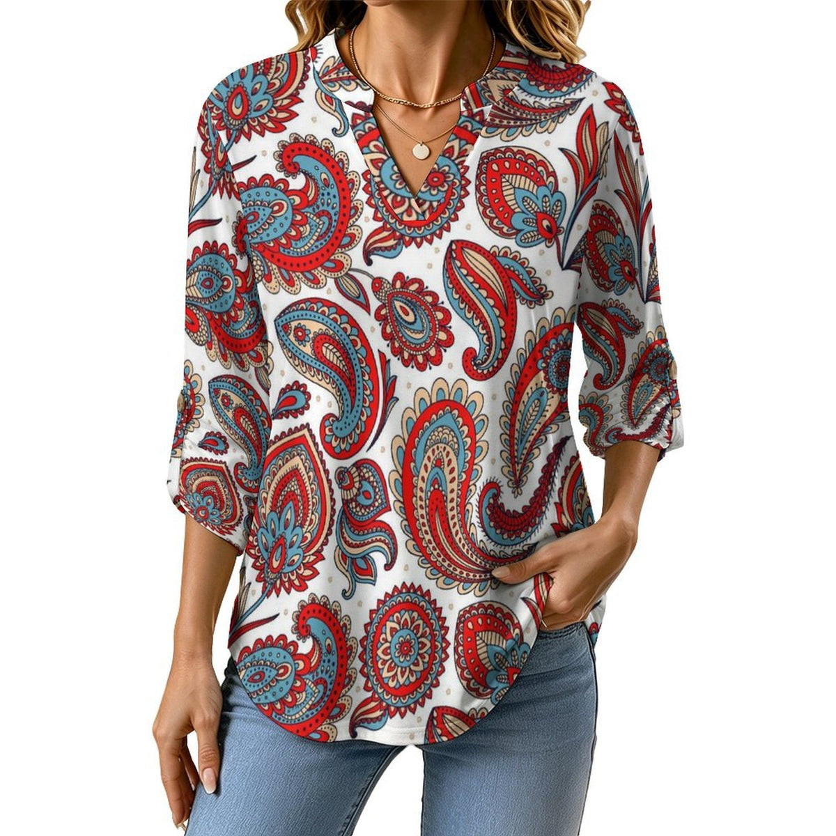 Paisley  Women Curved Hem V Neck Roll Sleeve Casual Work Top