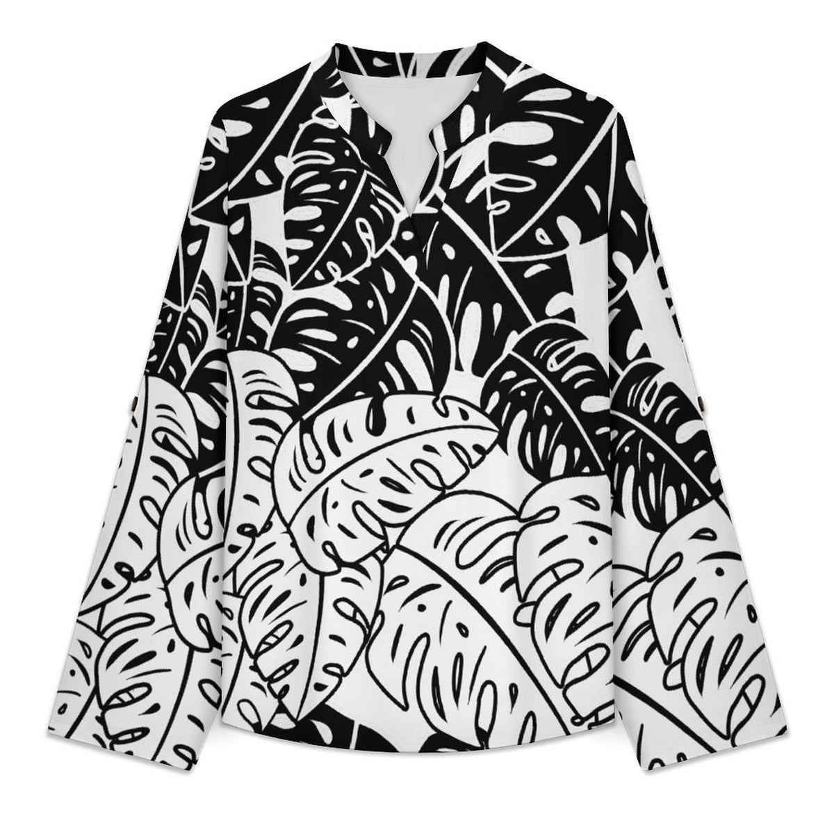 Stand-up Collar Long-sleeved Shirt Leaves, Black, Repeating Pattern  Customization Women’s V-Neck Blouses,long Sleeve,Roll-Up Sleeve Shirt