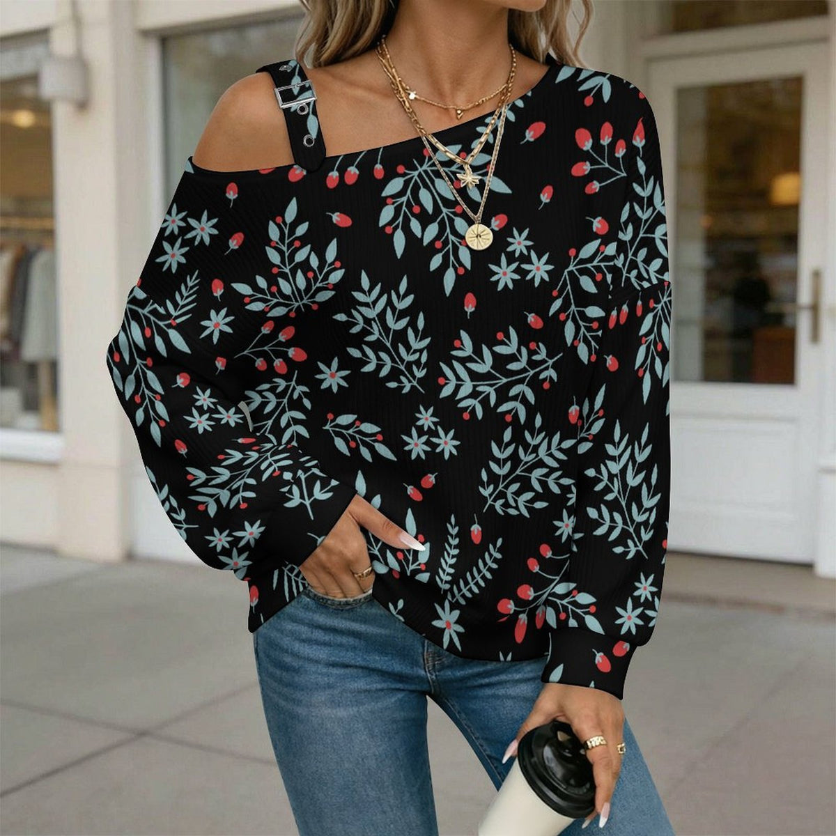 Off-the-shoulder Sweater Repeat - Tile - Leaf - Fruit - Green - Red - Black  Asymmetric Cold Shoulder Knit Sweater for Women, Adjustable Buckle Strap Long Sleeve Casual Slouchy Pullover