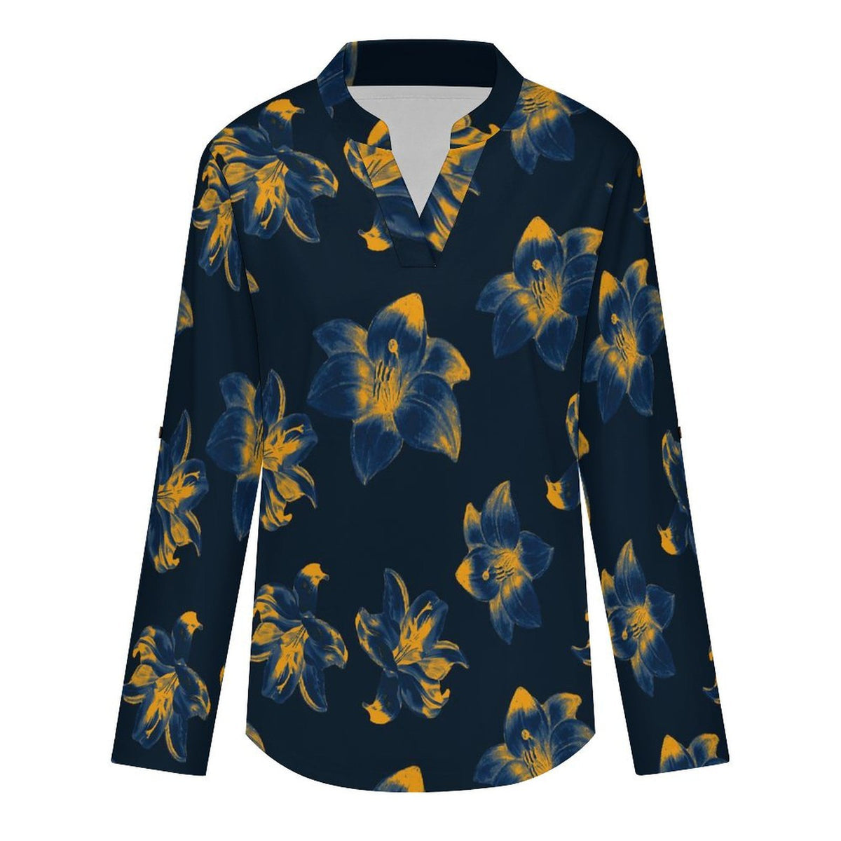 Stand-up Collar Long-sleeved Shirt Flower Pattern  Customization Women’s V-Neck Blouses,long Sleeve,Roll-Up Sleeve Shirt