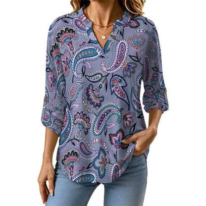 Stand-up Collar Long-sleeved Shirt Paisley  Customization Women’s V-Neck Blouses,long Sleeve,Roll-Up Sleeve Shirt