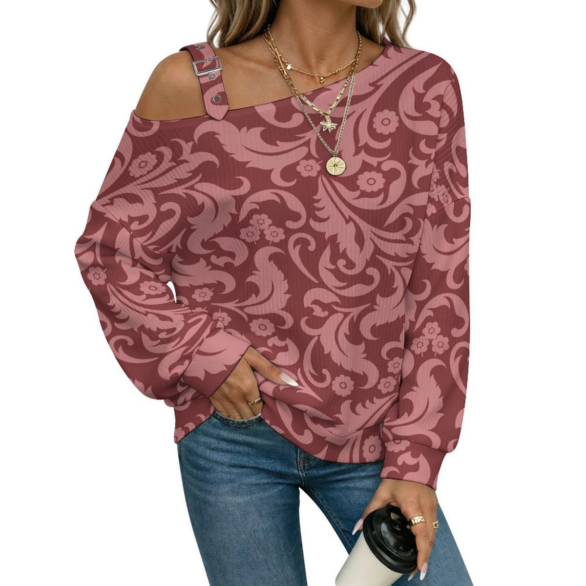 Off-the-shoulder Sweater Red European Retro Pattern  Asymmetric Cold Shoulder Knit Sweater for Women, Adjustable Buckle Strap Long Sleeve Casual Slouchy Pullover