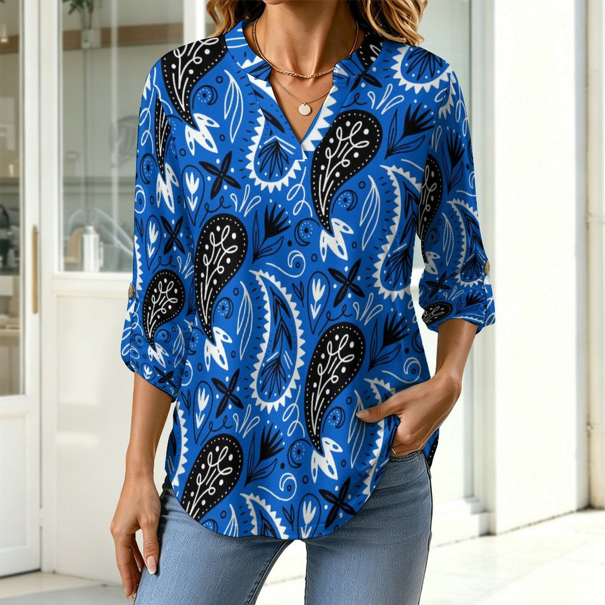 Stand-up Collar Long-sleeved Shirt Paisley  Customization Women’s V-Neck Blouses,long Sleeve,Roll-Up Sleeve Shirt