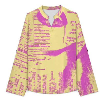 Stand-up Collar Long-sleeved Shirt Newspaper Girl Vintage  Customization Women’s V-Neck Blouses,long Sleeve,Roll-Up Sleeve Shirt