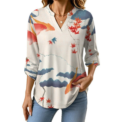 Chinese Wind, Maple Leaf, Fish  Versatile Notched V-Neck Tunic | Roll Tab 3/4 Sleeve Office Casual Top