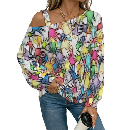 Women’s Off-Shoulder Knit Sweater Colored Hands, Shadows, Abstractions
