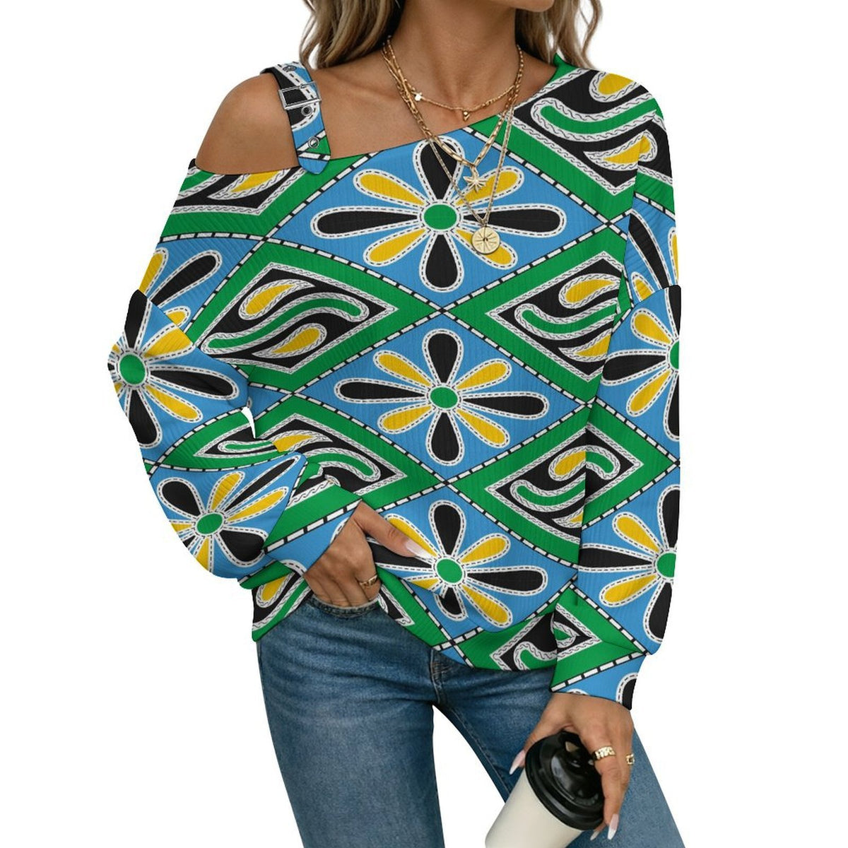 Off-the-shoulder Sweater Floral Pattern  Asymmetric Cold Shoulder Knit Sweater for Women, Adjustable Buckle Strap Long Sleeve Casual Slouchy Pullover