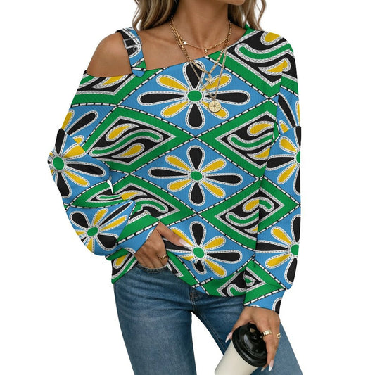 Off-the-shoulder Sweater Floral Pattern  Asymmetric Cold Shoulder Knit Sweater for Women, Adjustable Buckle Strap Long Sleeve Casual Slouchy Pullover