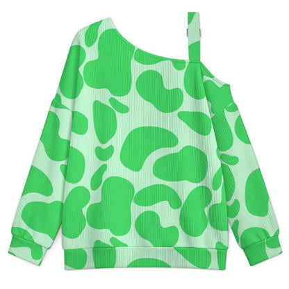Off-the-shoulder Sweater Pattern-Cow-green-Repeat  Asymmetric Cold Shoulder Knit Sweater for Women, Adjustable Buckle Strap Long Sleeve Casual Slouchy Pullover