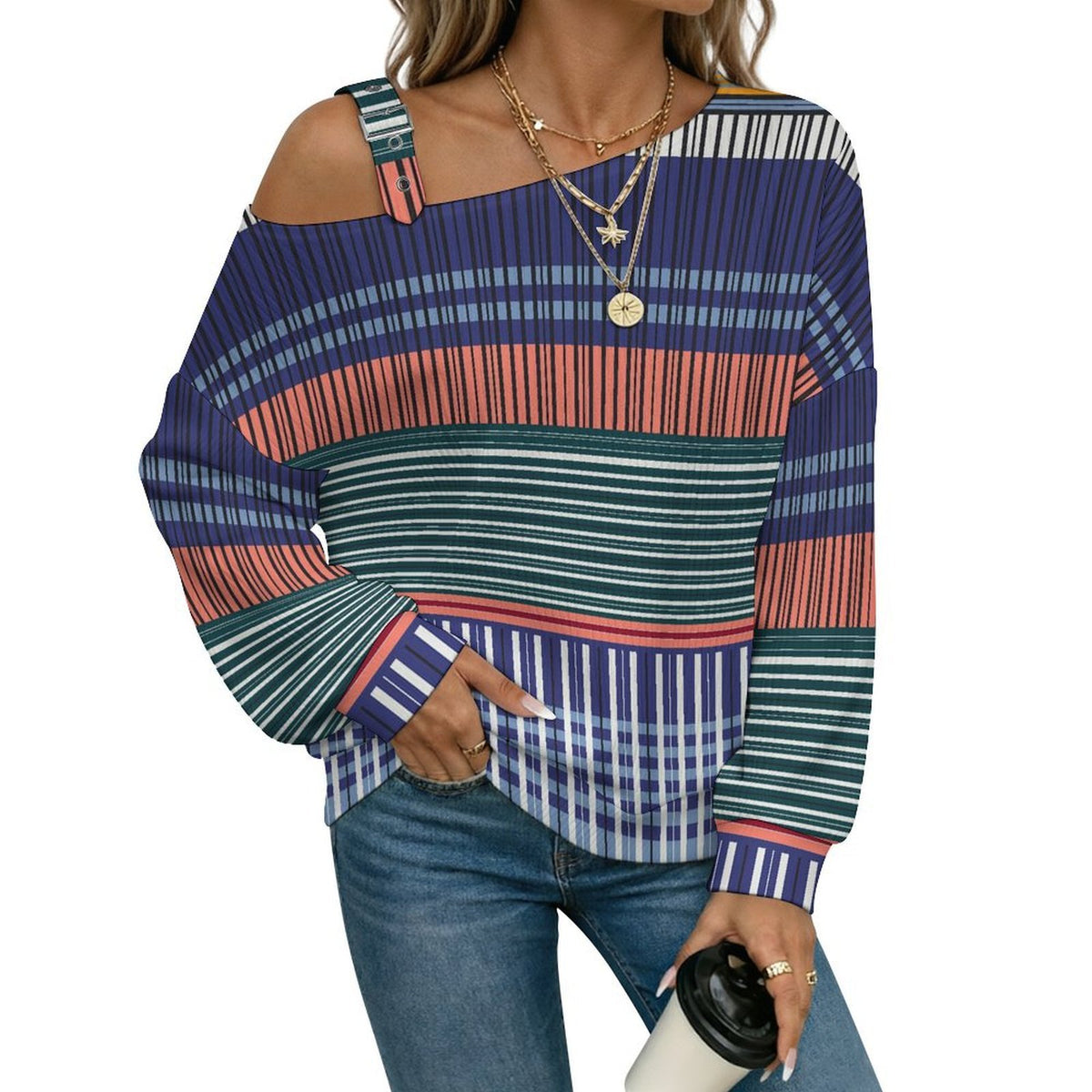 Off-the-shoulder Sweater Color Stripe  Asymmetric Cold Shoulder Knit Sweater for Women, Adjustable Buckle Strap Long Sleeve Casual Slouchy Pullover