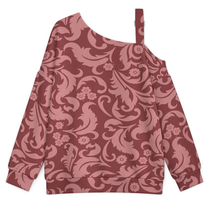Off-the-shoulder Sweater Red European Retro Pattern  Asymmetric Cold Shoulder Knit Sweater for Women, Adjustable Buckle Strap Long Sleeve Casual Slouchy Pullover