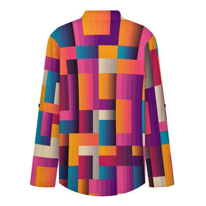 Stand-up Collar Long-sleeved Shirt Colored Checkered Pattern  Customization Women’s V-Neck Blouses,long Sleeve,Roll-Up Sleeve Shirt