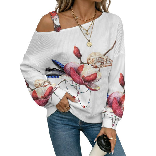 Off-the-shoulder Sweater Feathers Skull  Asymmetric Cold Shoulder Knit Sweater for Women, Adjustable Buckle Strap Long Sleeve Casual Slouchy Pullover