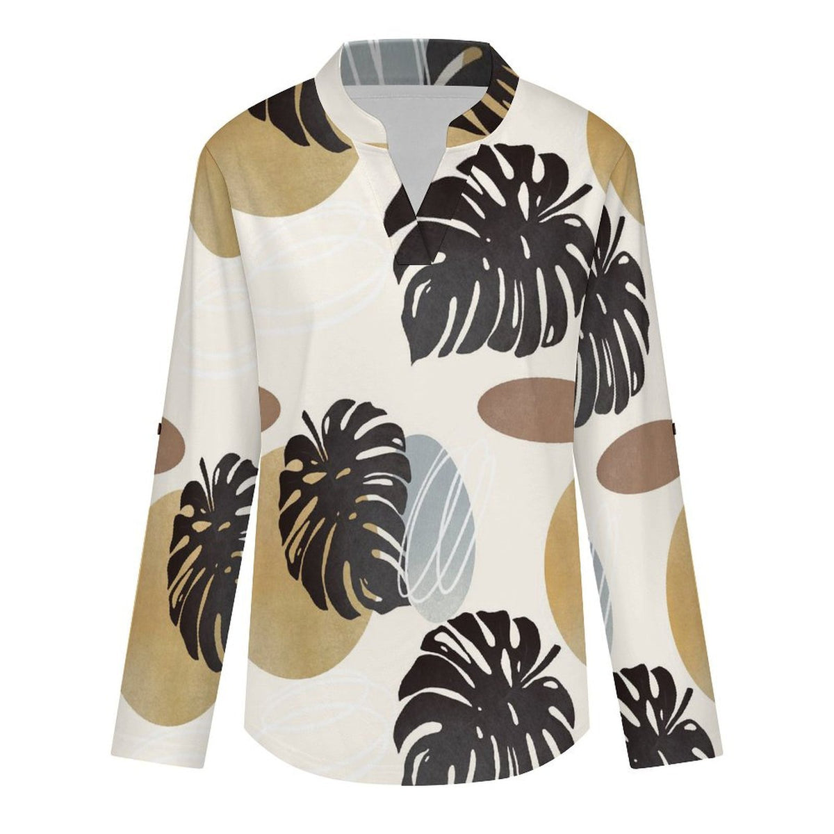 Stand-up Collar Long-sleeved Shirt Morandi Color Plant  Customization Women’s V-Neck Blouses,long Sleeve,Roll-Up Sleeve Shirt