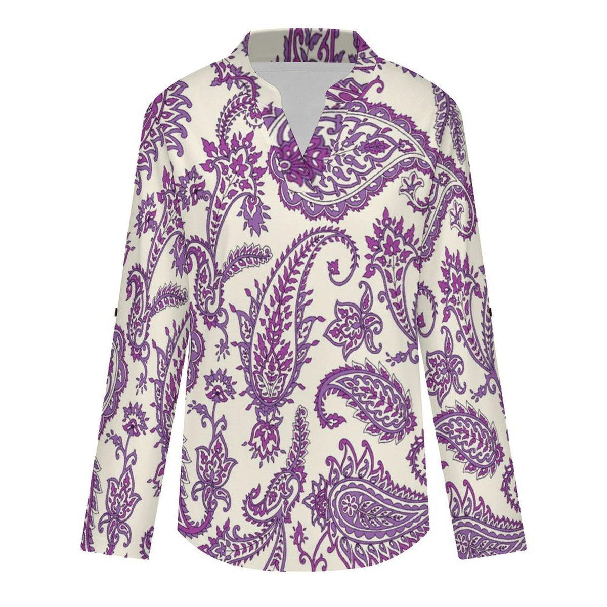 Stand-up Collar Long-sleeved Shirt Paisley  Customization Women’s V-Neck Blouses,long Sleeve,Roll-Up Sleeve Shirt