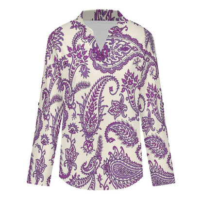 Stand-up Collar Long-sleeved Shirt Paisley  Customization Women’s V-Neck Blouses,long Sleeve,Roll-Up Sleeve Shirt