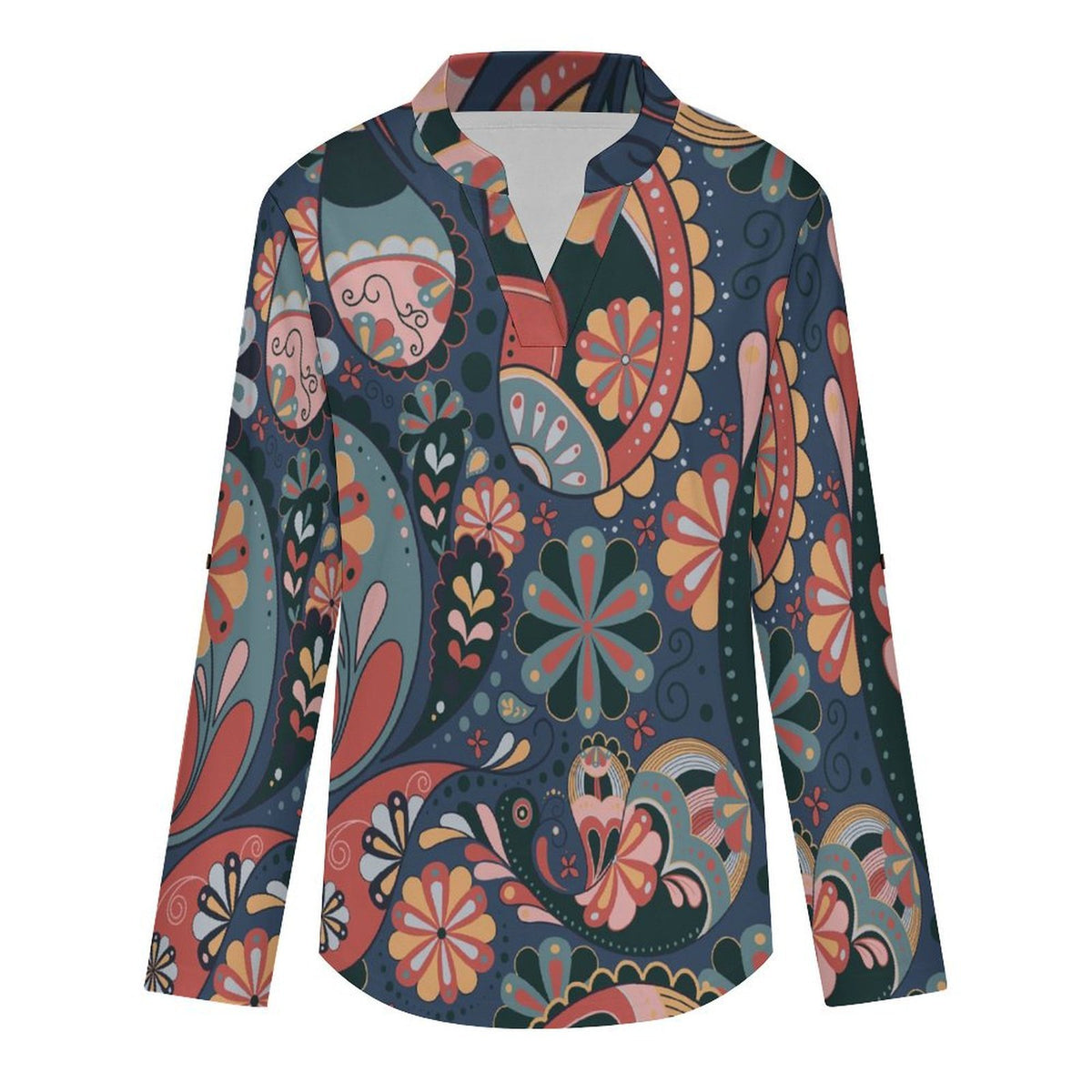 Stand-up Collar Long-sleeved Shirt Color, Paisley Pattern  Customization Women’s V-Neck Blouses,long Sleeve,Roll-Up Sleeve Shirt