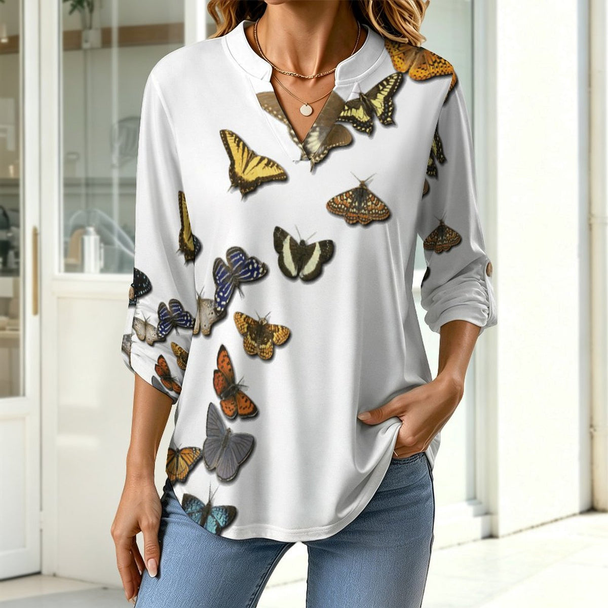 Stand-up Collar Long-sleeved Shirt Colored Butterfly  Customization Women’s V-Neck Blouses,long Sleeve,Roll-Up Sleeve Shirt