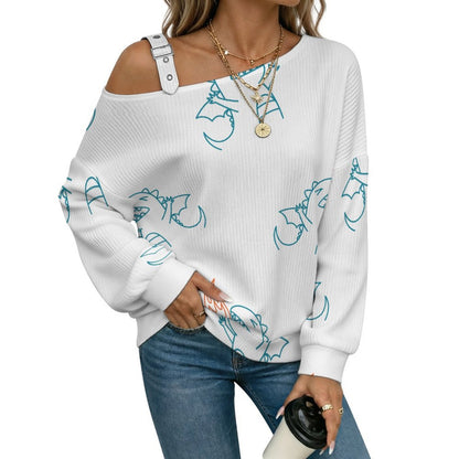 Off-the-shoulder Sweater Fire Breathing Little Monster Tile Decorative Pattern  Asymmetric Cold Shoulder Knit Sweater for Women, Adjustable Buckle Strap Long Sleeve Casual Slouchy Pullover