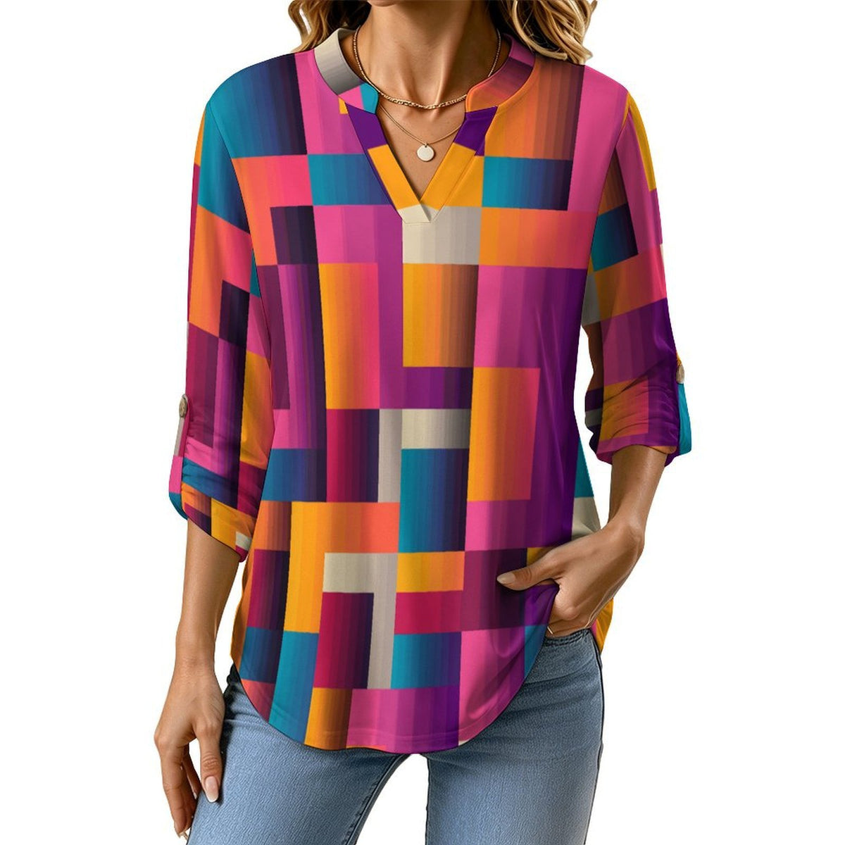 Stand-up Collar Long-sleeved Shirt Colored Checkered Pattern  Customization Women’s V-Neck Blouses,long Sleeve,Roll-Up Sleeve Shirt