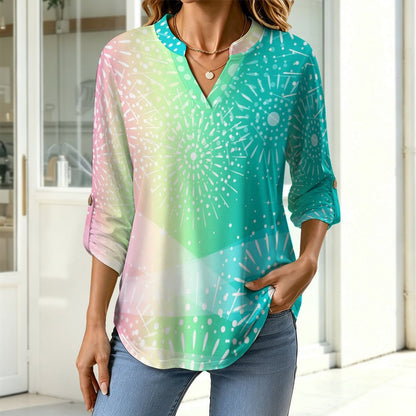 Stand-up Collar Long-sleeved Shirt Rainbow, Color Pattern  Customization Women’s V-Neck Blouses,long Sleeve,Roll-Up Sleeve Shirt