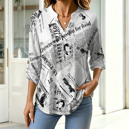 Stand-up Collar Long-sleeved Shirt Newspaper Dress  Customization Women’s V-Neck Blouses,long Sleeve,Roll-Up Sleeve Shirt