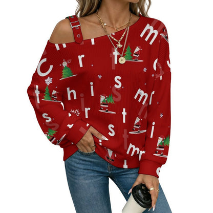Off-the-shoulder Sweater Christmas, Elk, Happy  Asymmetric Cold Shoulder Knit Sweater for Women, Adjustable Buckle Strap Long Sleeve Casual Slouchy Pullover