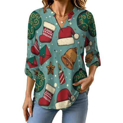 Merry Christmas Roll Tab 3/4 Sleeve Notched V Neck Tunic Blouse