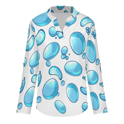 Stand-up Collar Long-sleeved Shirt Blue Water Droplets  Customization Women’s V-Neck Blouses,long Sleeve,Roll-Up Sleeve Shirt