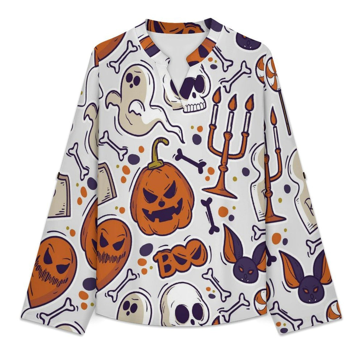 Stand-up Collar Long-sleeved Shirt Halloween, Ghosts, Pumpkins  Customization Women’s V-Neck Blouses,long Sleeve,Roll-Up Sleeve Shirt