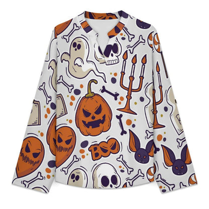 Stand-up Collar Long-sleeved Shirt Halloween, Ghosts, Pumpkins  Customization Women’s V-Neck Blouses,long Sleeve,Roll-Up Sleeve Shirt