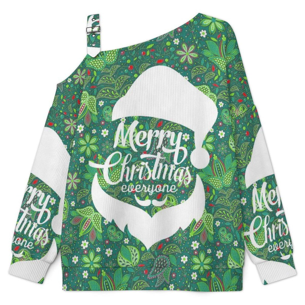 Off-the-shoulder Sweater Merry Christmas Santa Paisley Pattern Green  Asymmetric Cold Shoulder Knit Sweater for Women, Adjustable Buckle Strap Long Sleeve Casual Slouchy Pullover